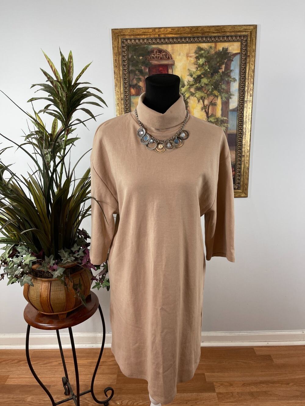 Zara Sweater Dress Women's Medium Beige Knit Turtleneck Old Money Minimalist